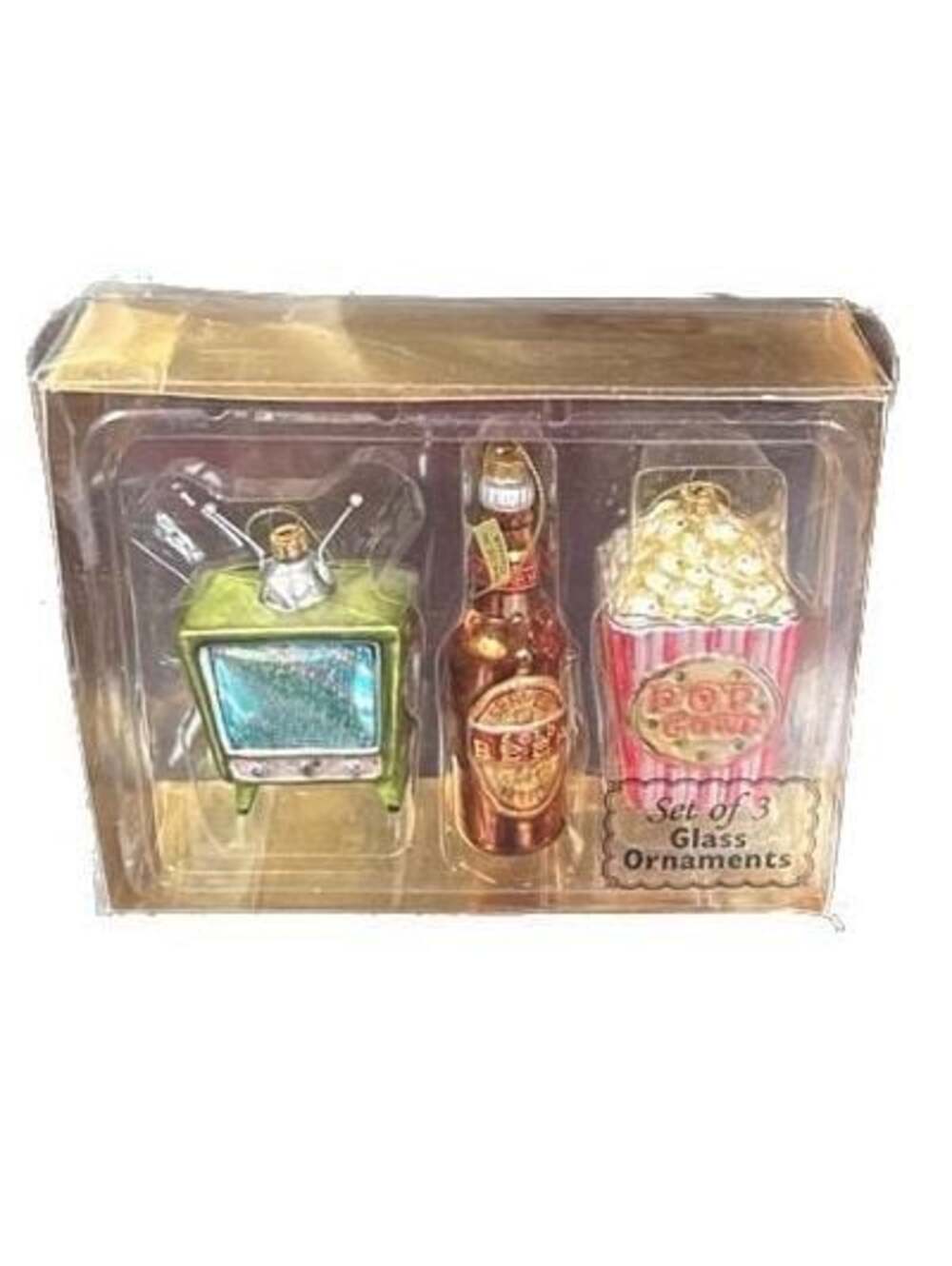 Set of 3 Glass Christmas Ornaments - Retro TV, Beer Bottle, and Popcorn